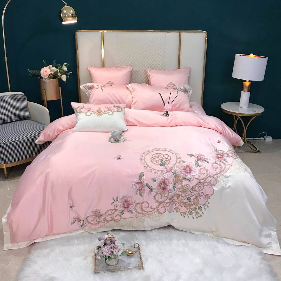 BỘ CHĂN GA GỐI LỤA SILK THÊU HOA HÔNG