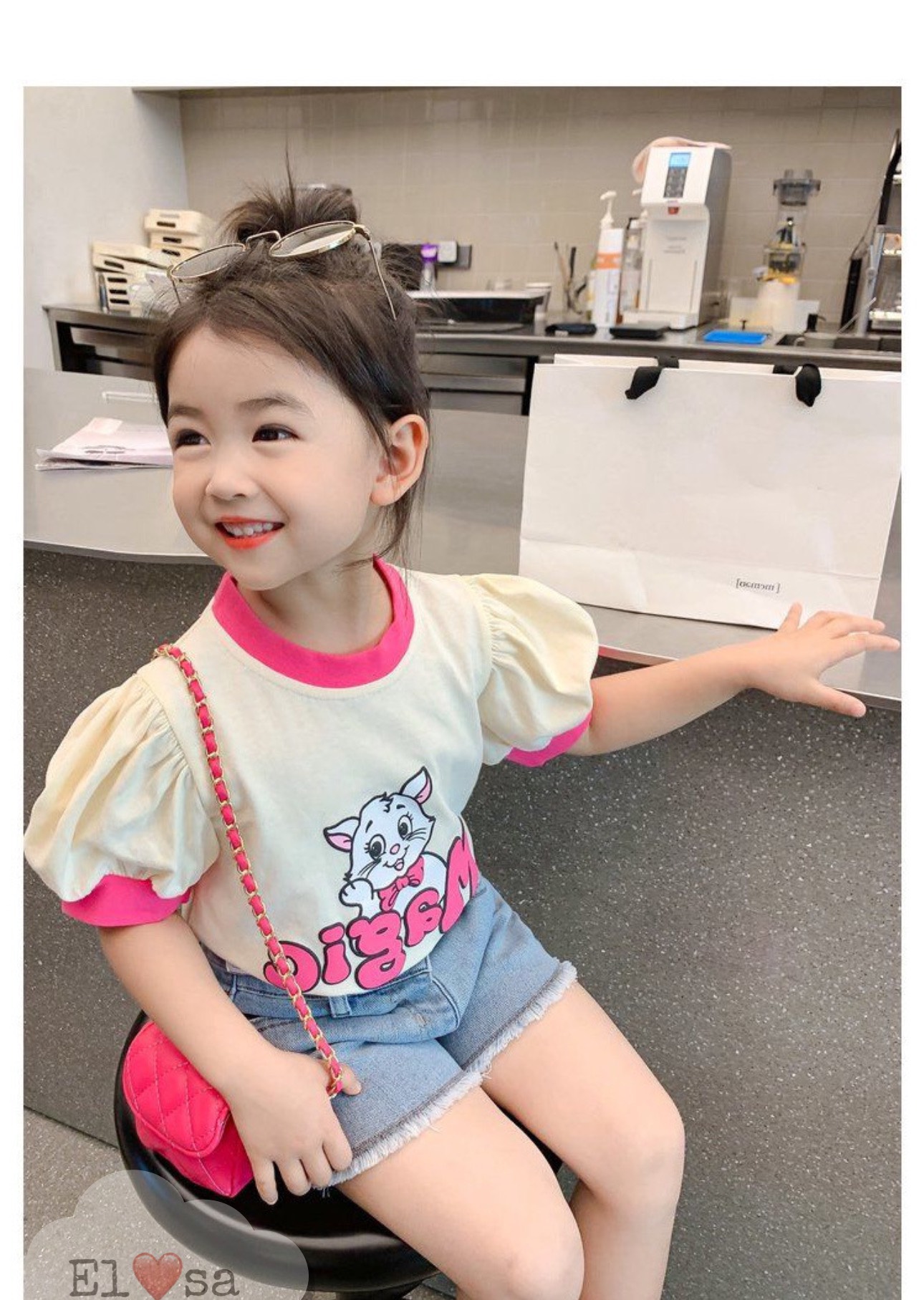 Quần áo bé gái- set áo cotton tay phồng mix quần sooc bò xinh xắn cho bé 1-8 tuổi