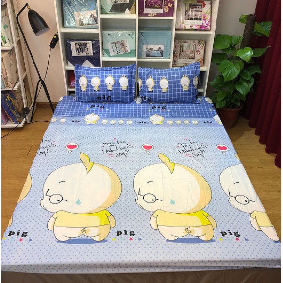 Bộ ga gối 3 món, ga gối cotton poly, ga kèm 2 vỏ gối nằm, drap giường, ga giường, kích thước 1m8x2m