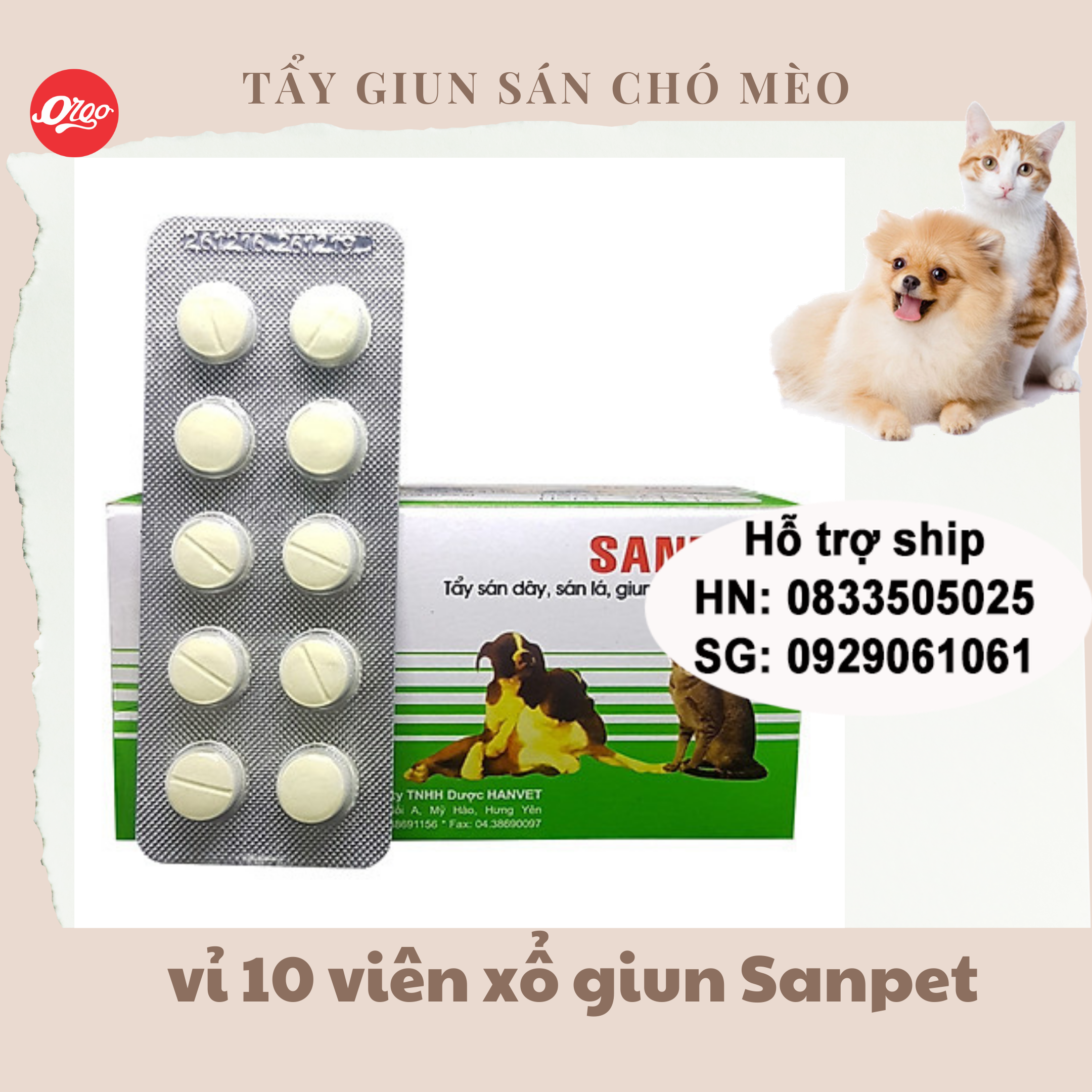 Orgo - Xổ giun sanpet Vỉ 10 viên thuốc tẩy giun sán chó mèo