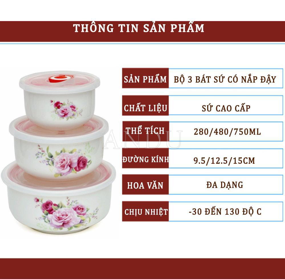 Bộ 3 Bát Sứ Có Nắp Đậy Hút Chân Không Cao Cấp