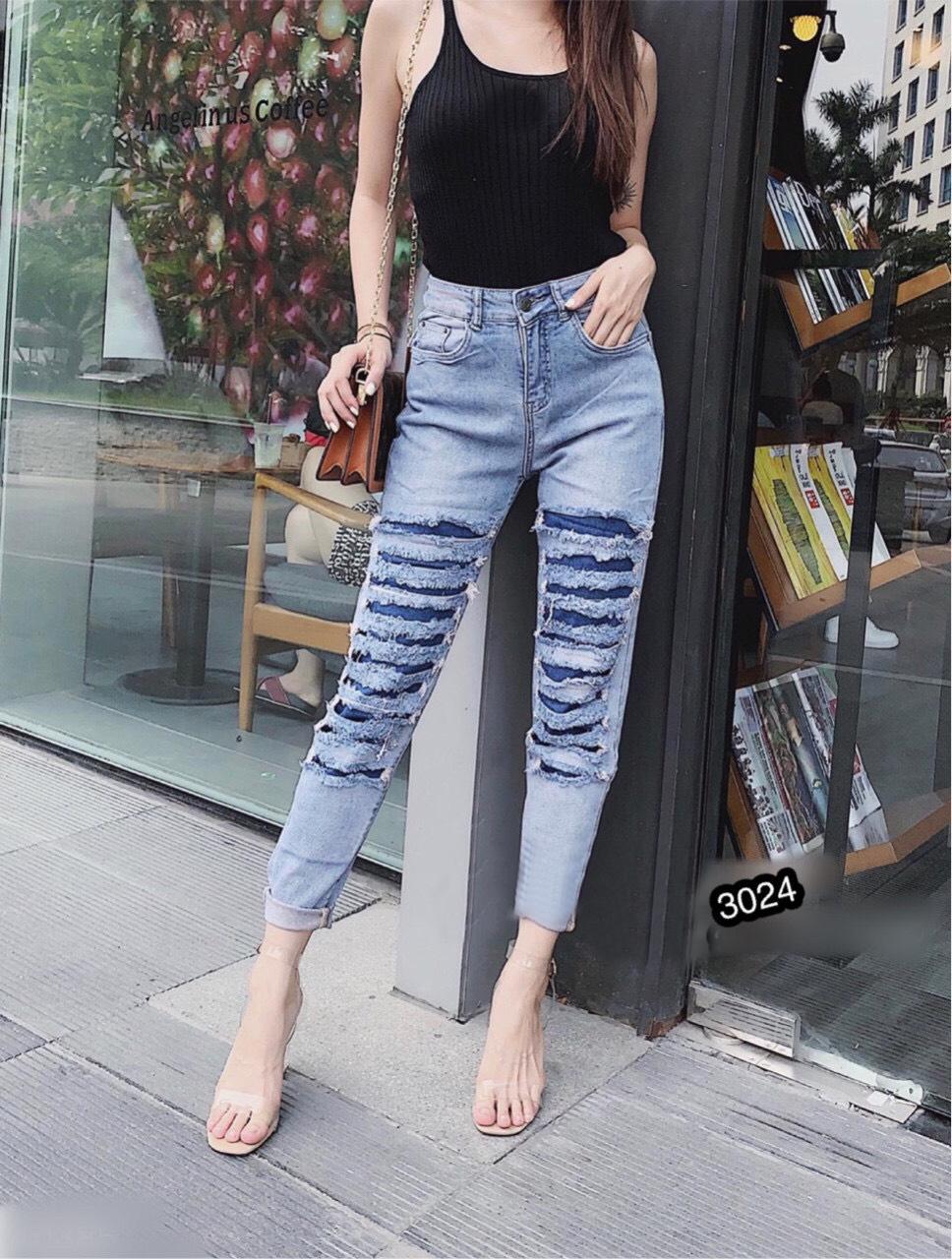 Quần Jeans Nữ Rách Gối Cao Cấp OHS3024