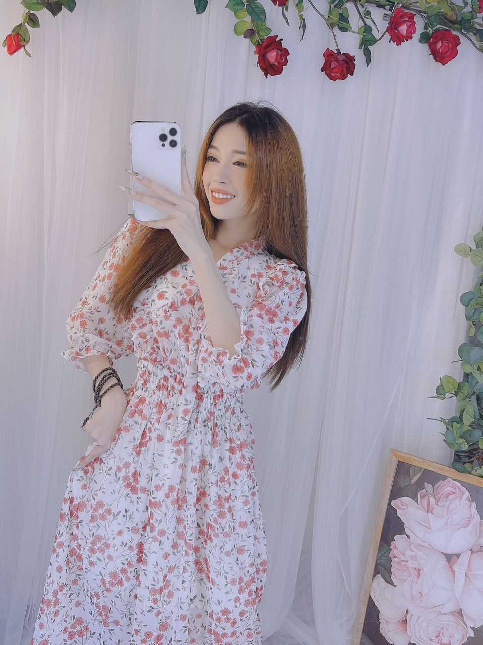Đầm hoa viền bèo cột nơ siêu xinh - hình thật