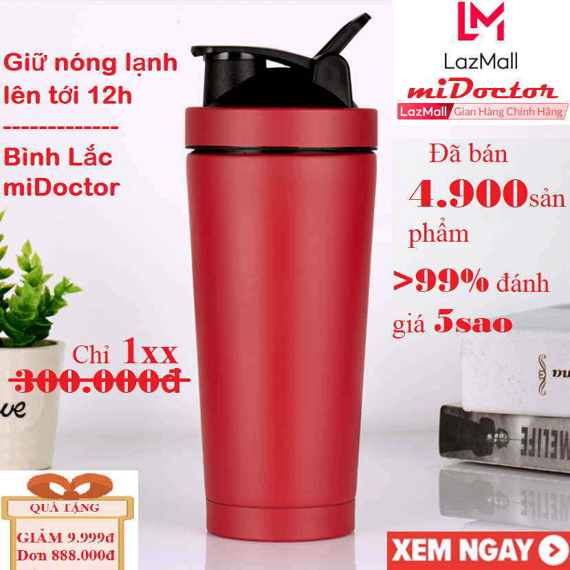 Bình Lắc Thể Thao Shaker, Bình Lắc Tập Gym Inox Có Giữ Nhiệt Chính Hãng miDoctor Màu Đỏ Mận