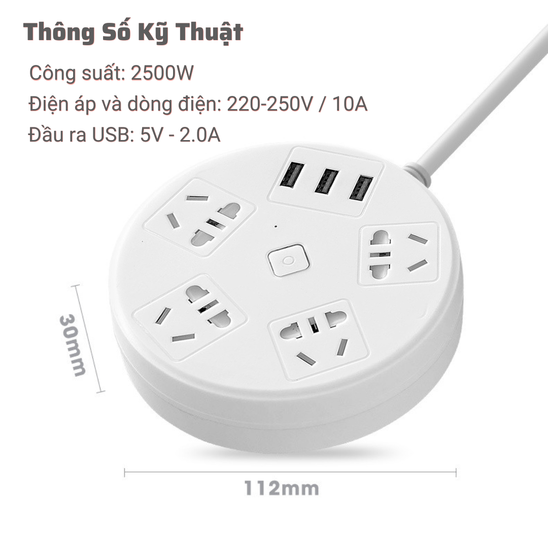 Ổ Cắm Điện Tròn Đa Năng 3 Cổng USB