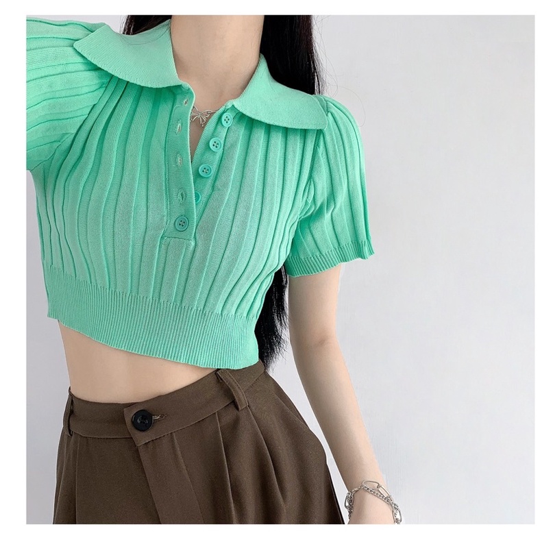 Áo len dệt kim croptop cổ đức khuy cài
