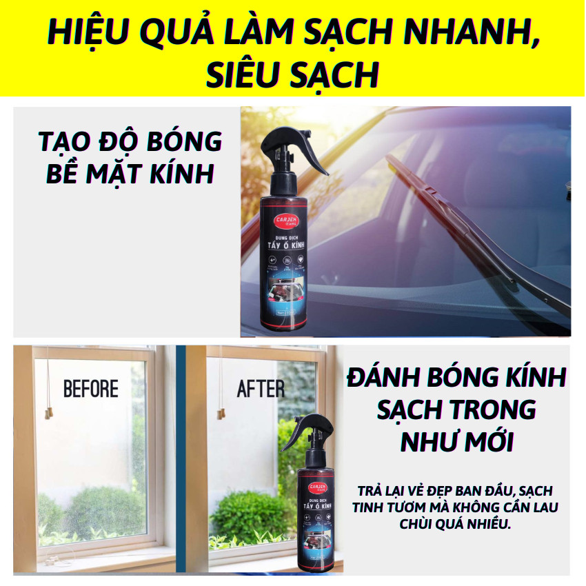 Chai xịt tẩy ố kính ô tô, xe hơi Carjek tẩy sạch cặn canxi, ố vẩy cá, lớp mờ kính làm bóng kính và trong kính xe, Dung dịch tẩy ố kính xe hơi ô tô