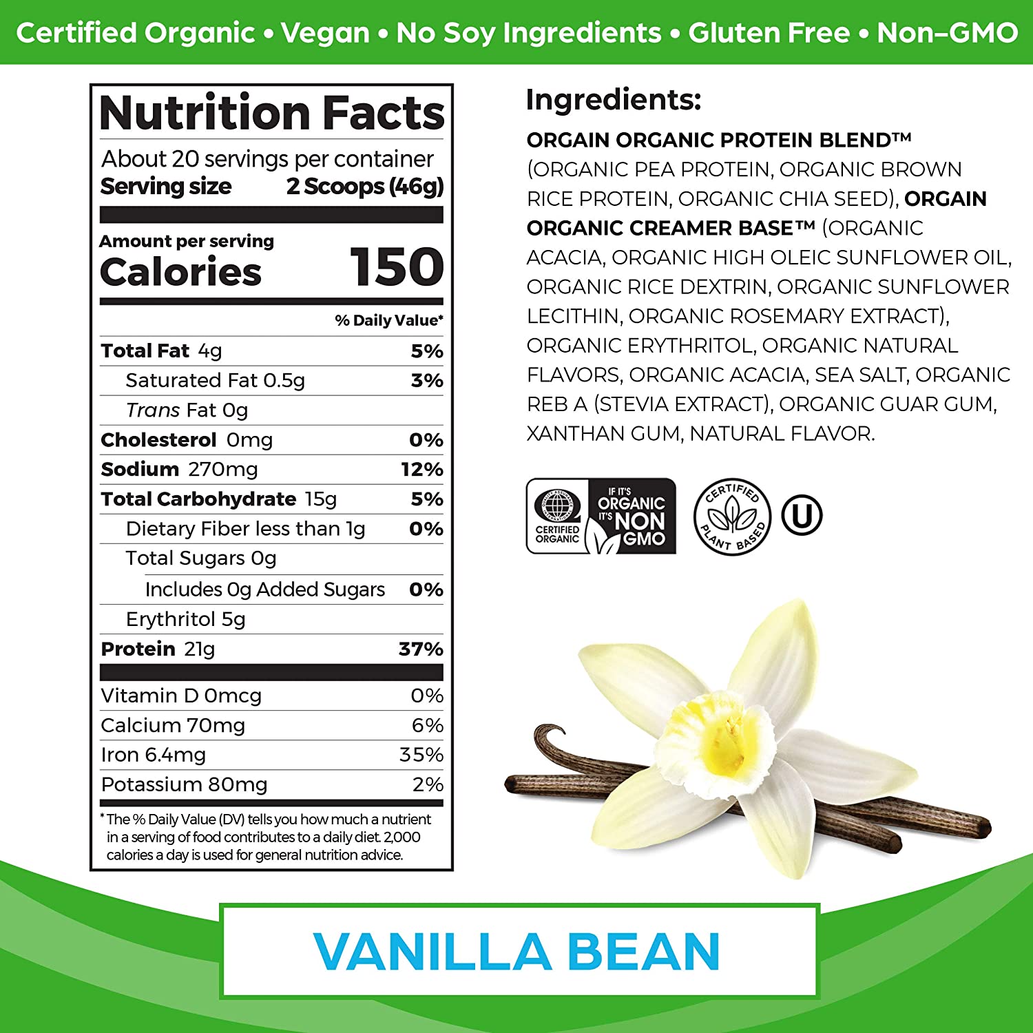 Bột đạm thực vật hữu cơ Orgain Organic Protein hương vani 920g