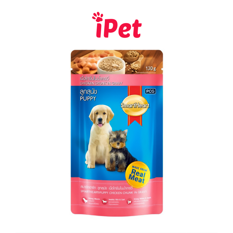 Thức Ăn Pate SmartHeart Cho Chó Con, Chó Lớn Vị Gà Nấu Xốt Gói 130g - iPet Shop