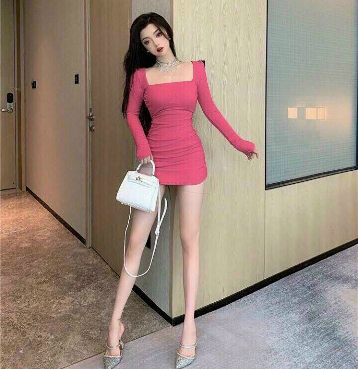 Đầm Váy Nữ Ôm Body Cổ Vuông Tay Dài Đan Dây Hở Lưng Diện Đồ Cực Kỳ Tôn Dáng Thời Trang Kiểu Cách Đi Chơi, Đi Dự Tiệc D.ONE FASHION, Mẫu Free Size Mặc Vừa