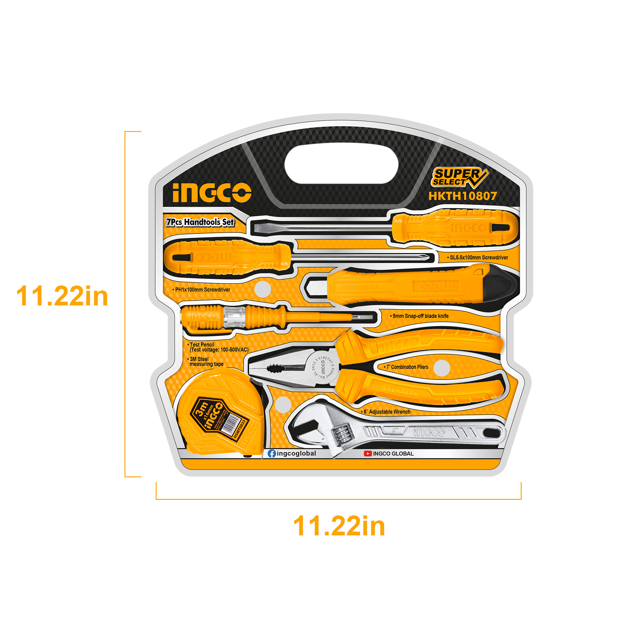 Bộ 7 dụng cụ cầm tay INGCO HKTH10807 búa tua vít kìm mỏ lết dao thước bút thử điện