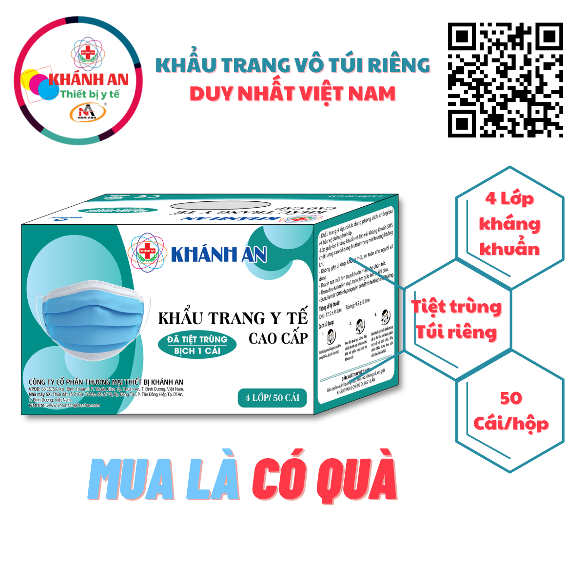 Khẩu trang y tế 4 lớp kháng khuẩn Khánh An tiệt trùng đựng 50 túi riêng
