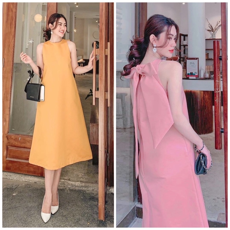 Đầm váy suông sát nách nơ sau 2 màu