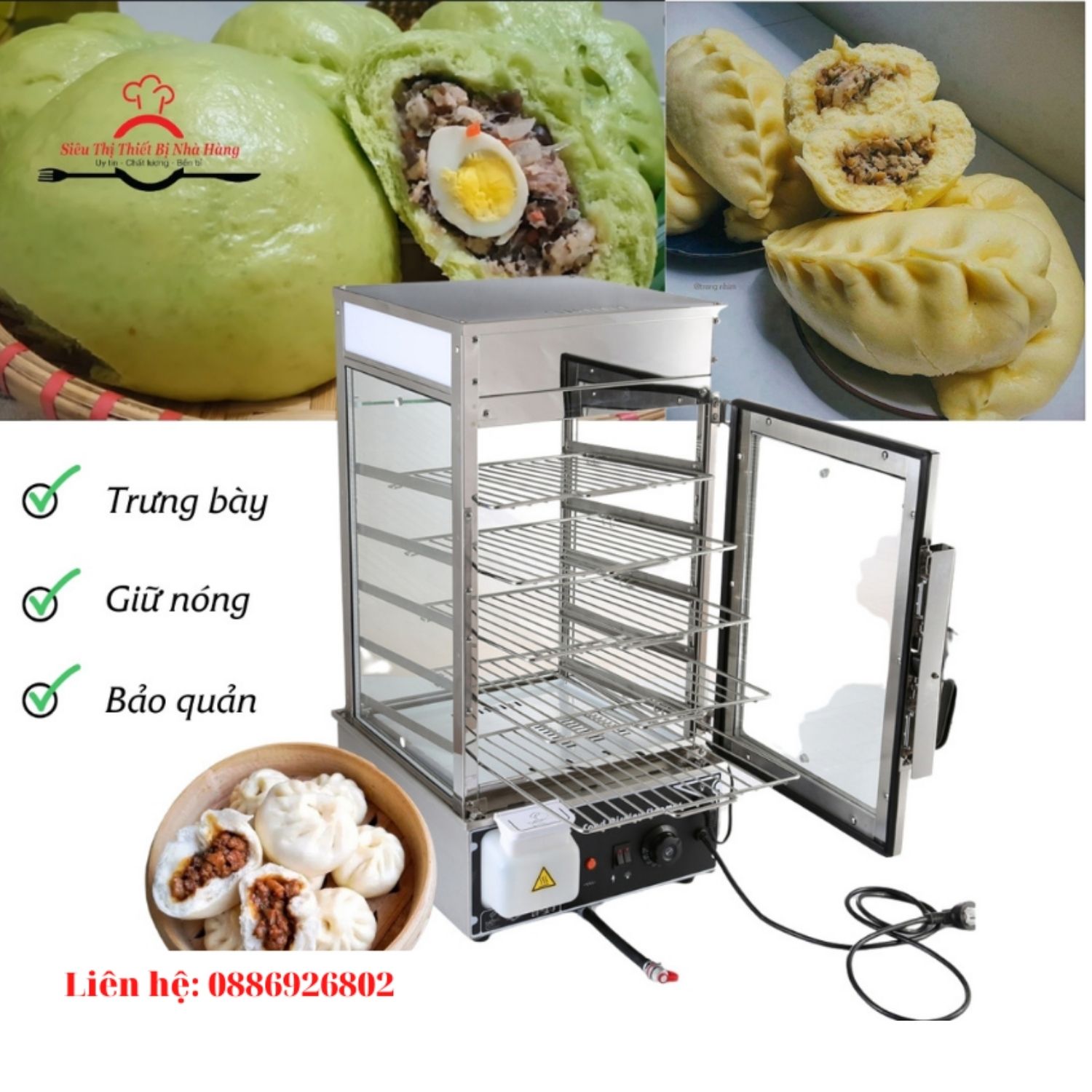 TỦ HẤP BÁNH BAO 5 TẦNG, 2 LỚP KÍNH [ BẢO HÀNH 12 THÁNG ]