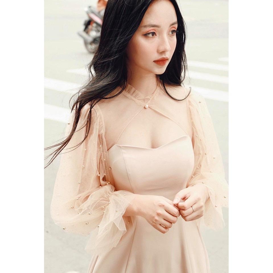 Đầm dự tiệc trắng tay phồng kết hạt siêu xinh