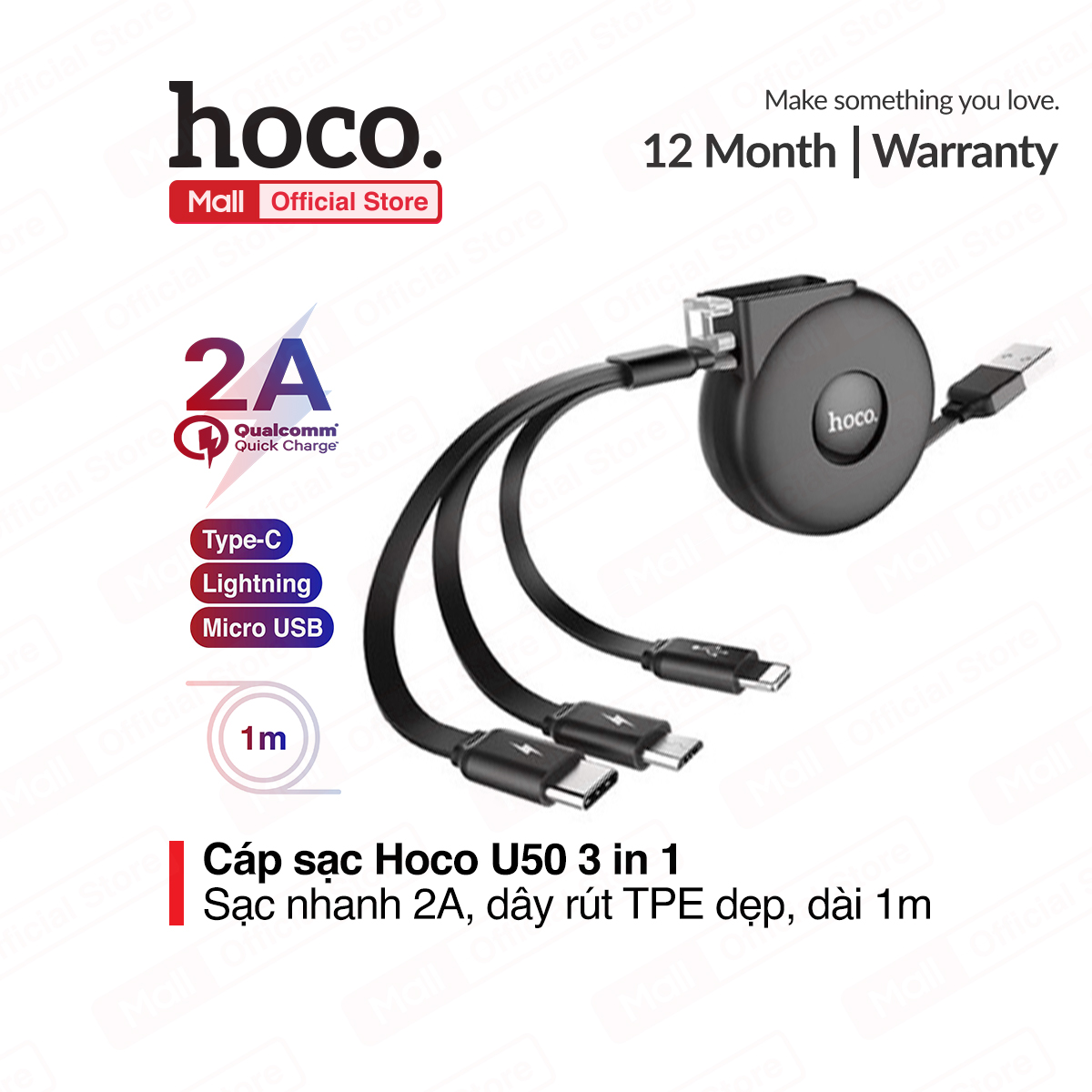 Cáp Sạc Hoco U50 3 in 1 Lightning + Micro USB + Type-C thiết kế dây rút tiện lợi tương thích tốt với hầu hết các thiết bị cao cấp