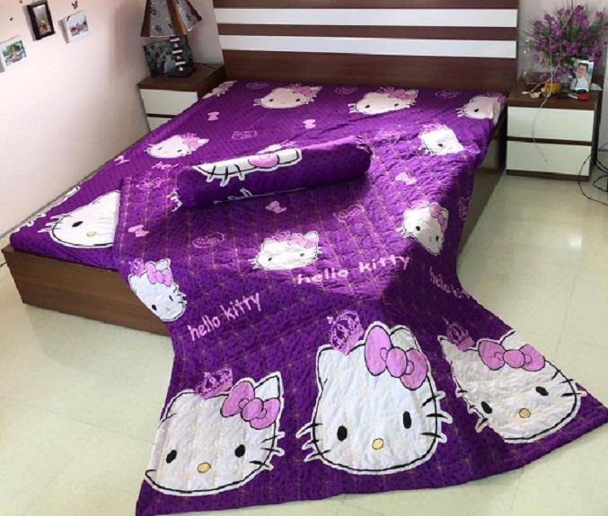 Chăn hè thu chần bông vi tính - Mèo Kitty tím