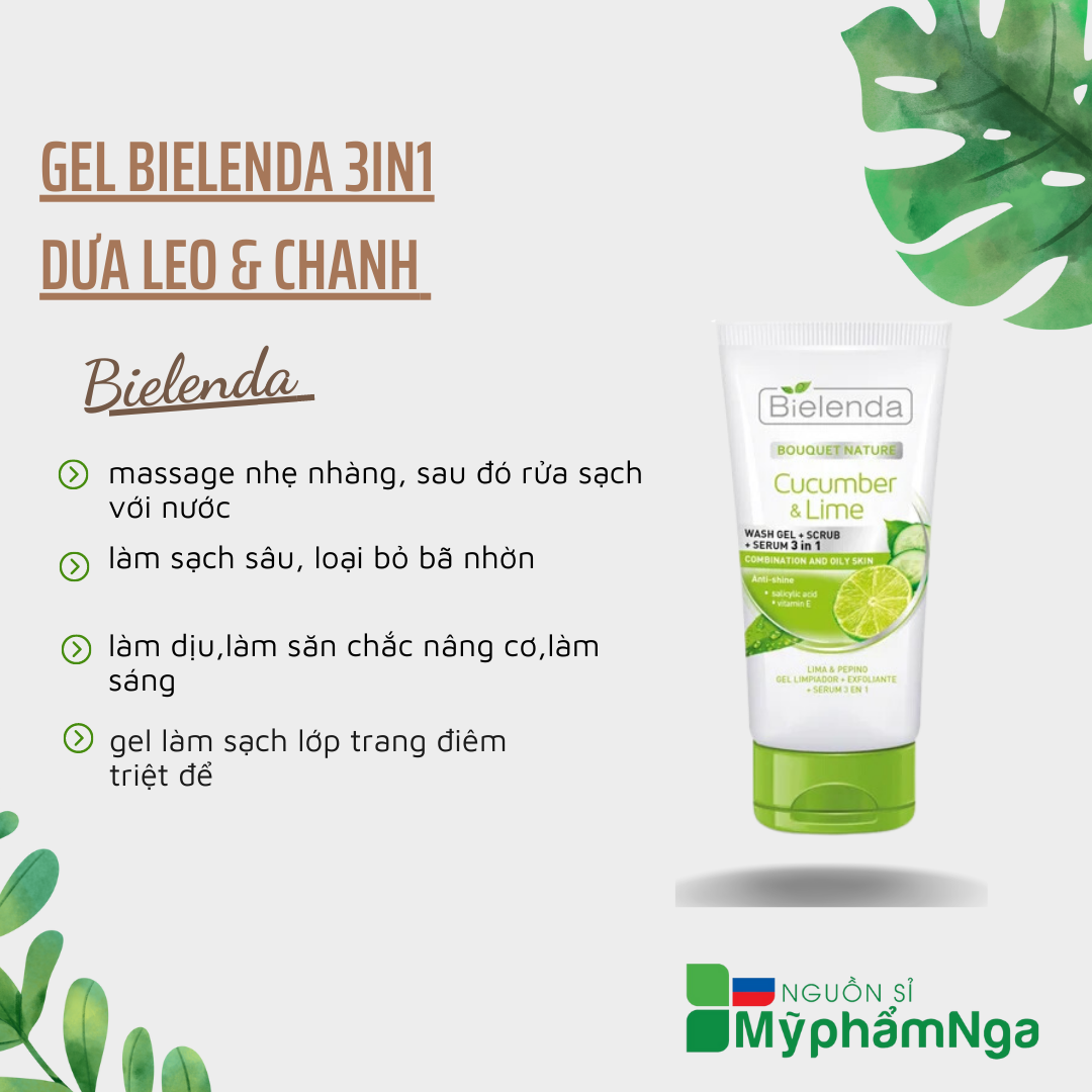 Gel Bielenda 3in1 dưa leo & chanh sạch sáng mịn da