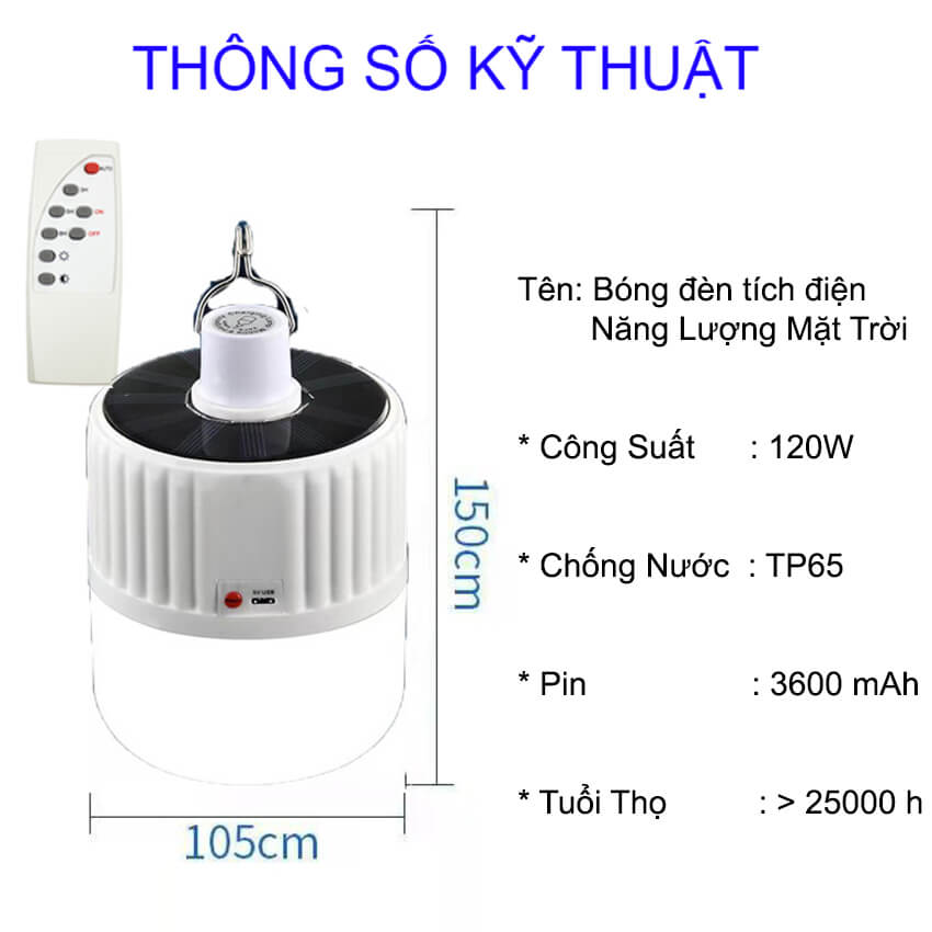 Bóng đèn Led tích điện năng lượng mặt trời 120W có sạc kèm điều khiển từ xa, đèn năng lượng mặt trời 120W sạc tích điện có điều khiển, đèn tích điện 120w