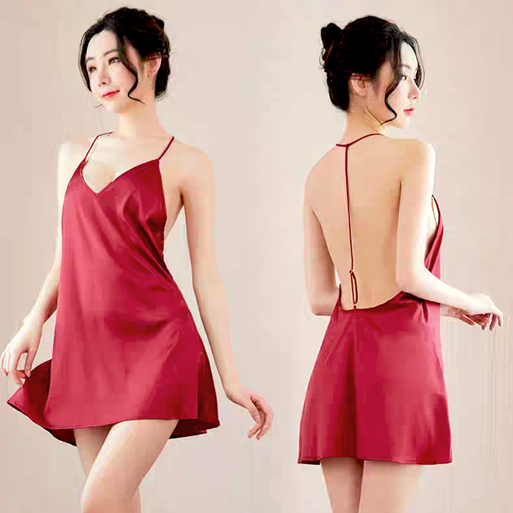 Váy ngủ lụa dây yếm hở lưng quyến rũ hàng nhập cao cấp (màu đỏ mận) BT112