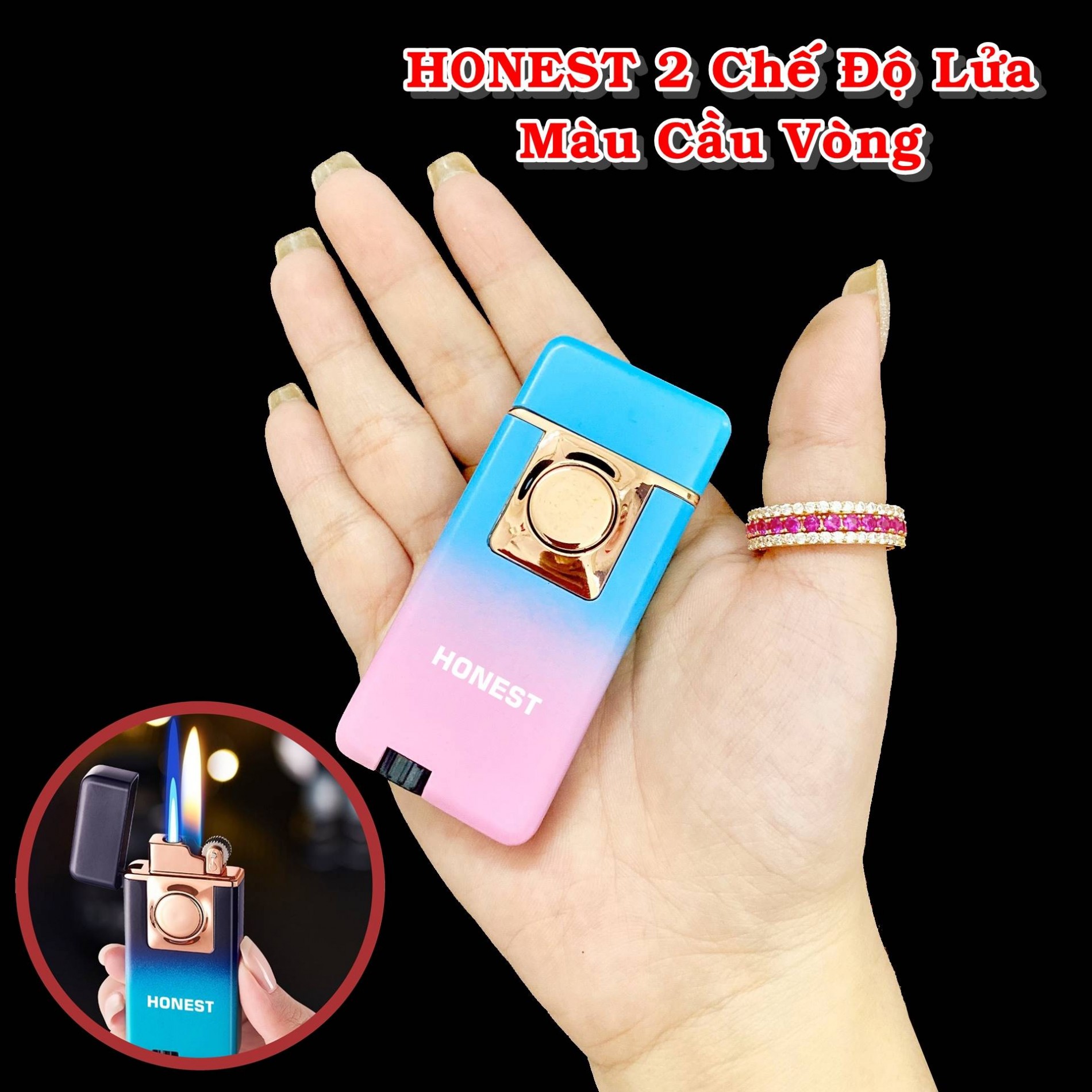 Bật lửa ho-nest 2 chế độ lửa màu cầu vòng -