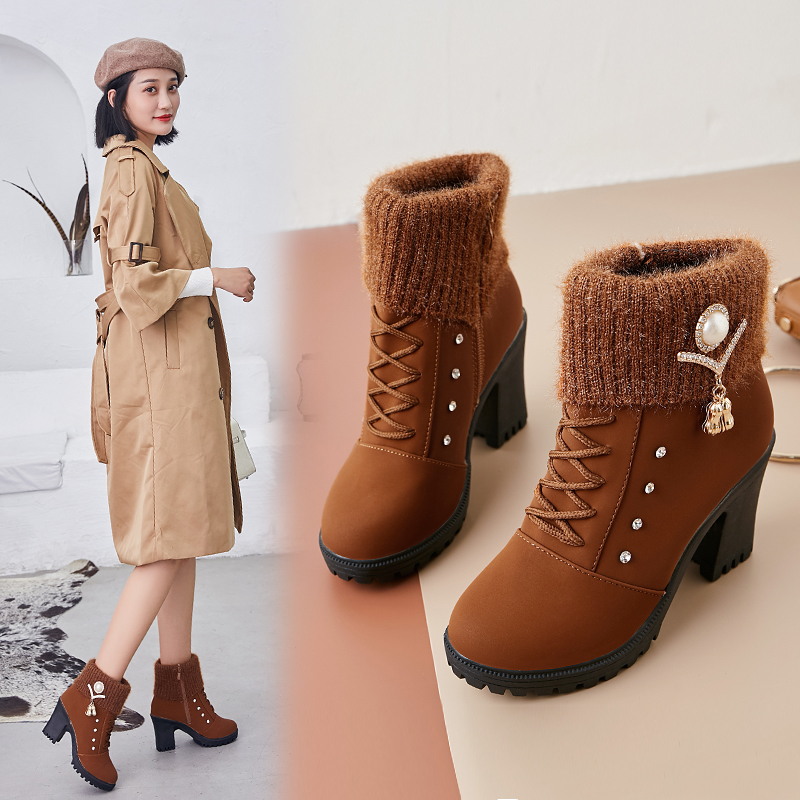 Giày boot nữ đế vuông S106 (Nâu) MKSTORE