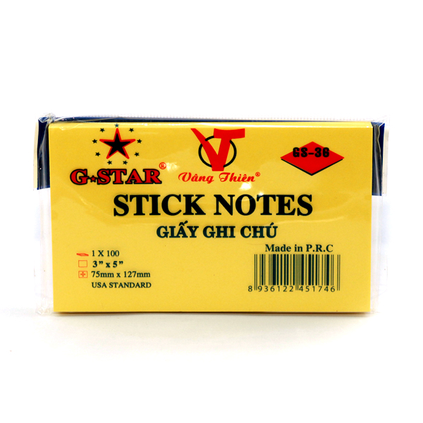 Xấp 100 tờ giấy note, giấy ghi chú vàng g-star 3x5