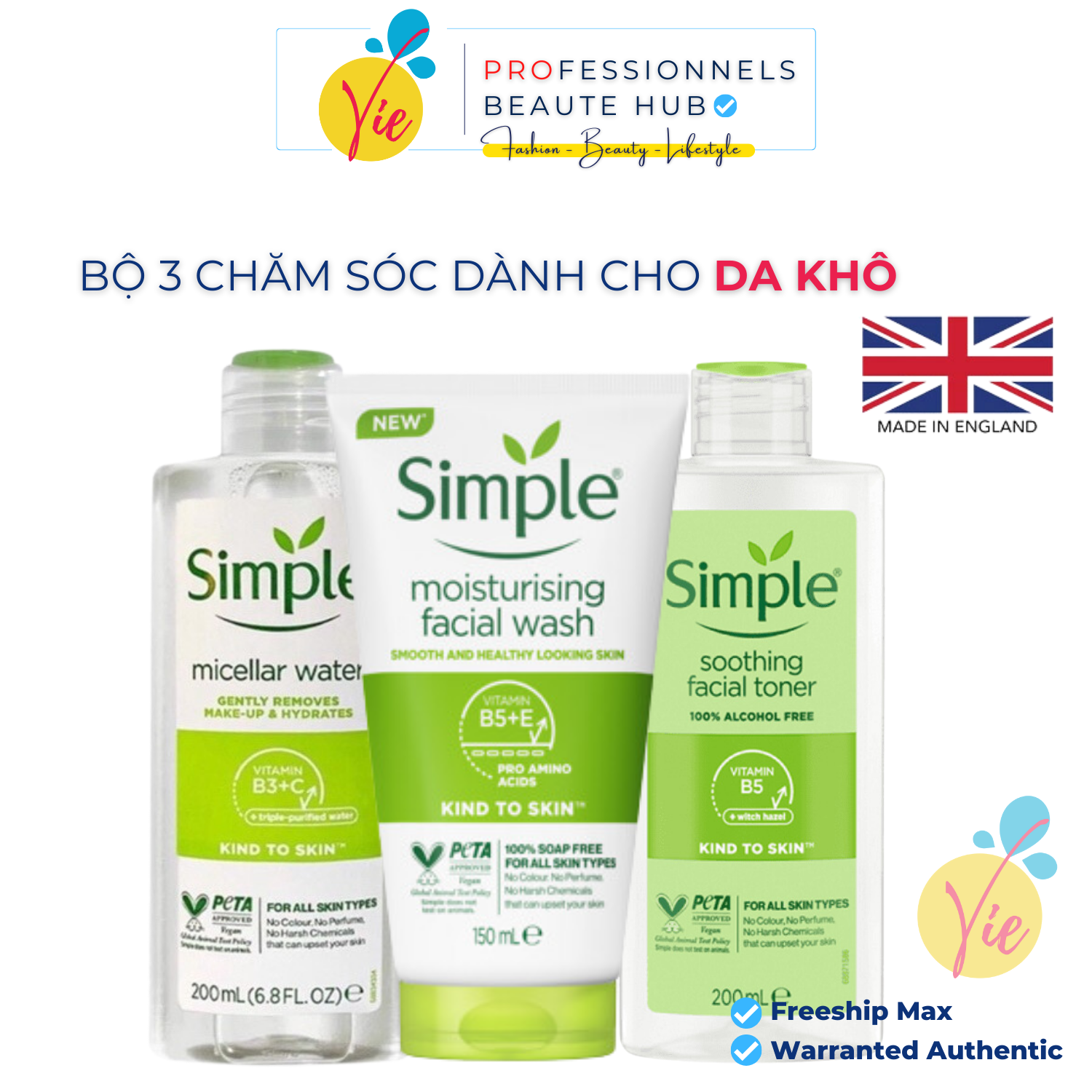 Bộ 3 Món Chăm Sóc Da Nhạy Cảm, Dầu Mụn, Da Khô SIMPLE