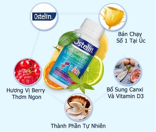 Kẹo nhai bổ sung canxi va d3 Ostelin Kids Calcium & Vitamin D3 90 Tables phát triển chiều cao vị dâu