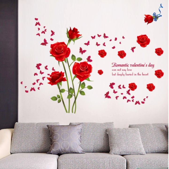 Decal dán tường HOA HỒNG ĐỎ 9195 Sticker Tranh Dán Tường -Decal dán tường cây xanh