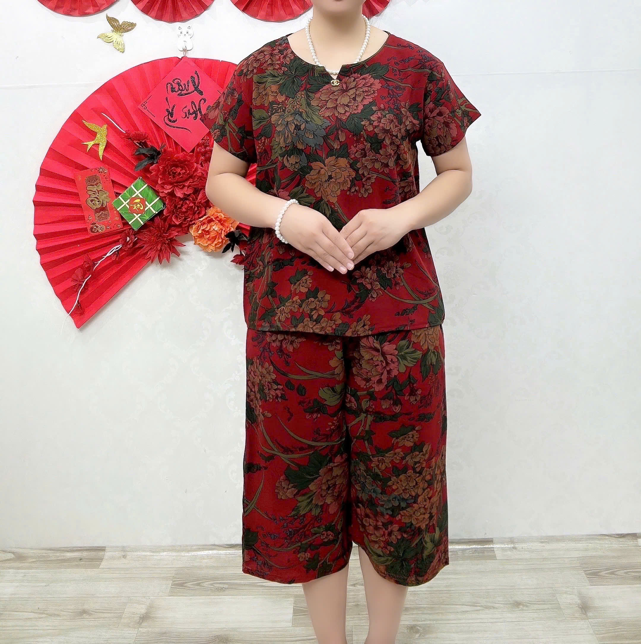 Đồ bộ mặc nhà trung niên tay ngắn - chất lụa hàn châu cao cấp