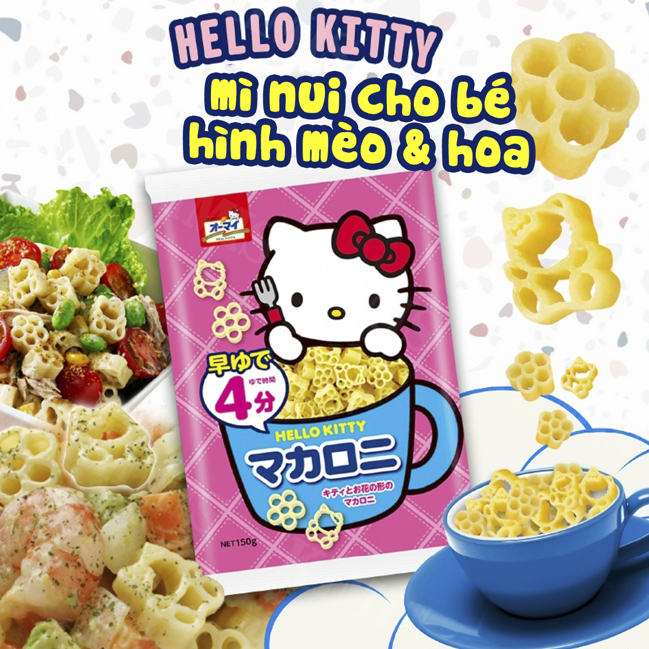 Mì nui Nippn cho bé hình mèo Hello Kitty và hoa 120g [GÓI MỚI]