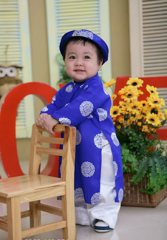 ÁO DÀI KHĂN XẾP MÀU XANH TRUYỀN THỐNG TRẺ EM HOA ĐỒNG TIỀN, ÁO DÀI TRẺ CON