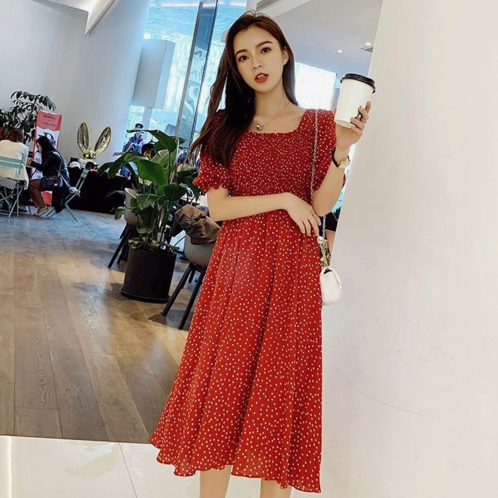 Đầm bi rối cổ U 2 màu