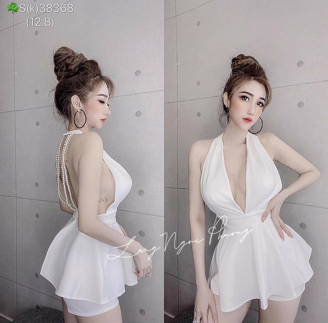 Sét áo yếm peplum xòe hở lưng đính cườm