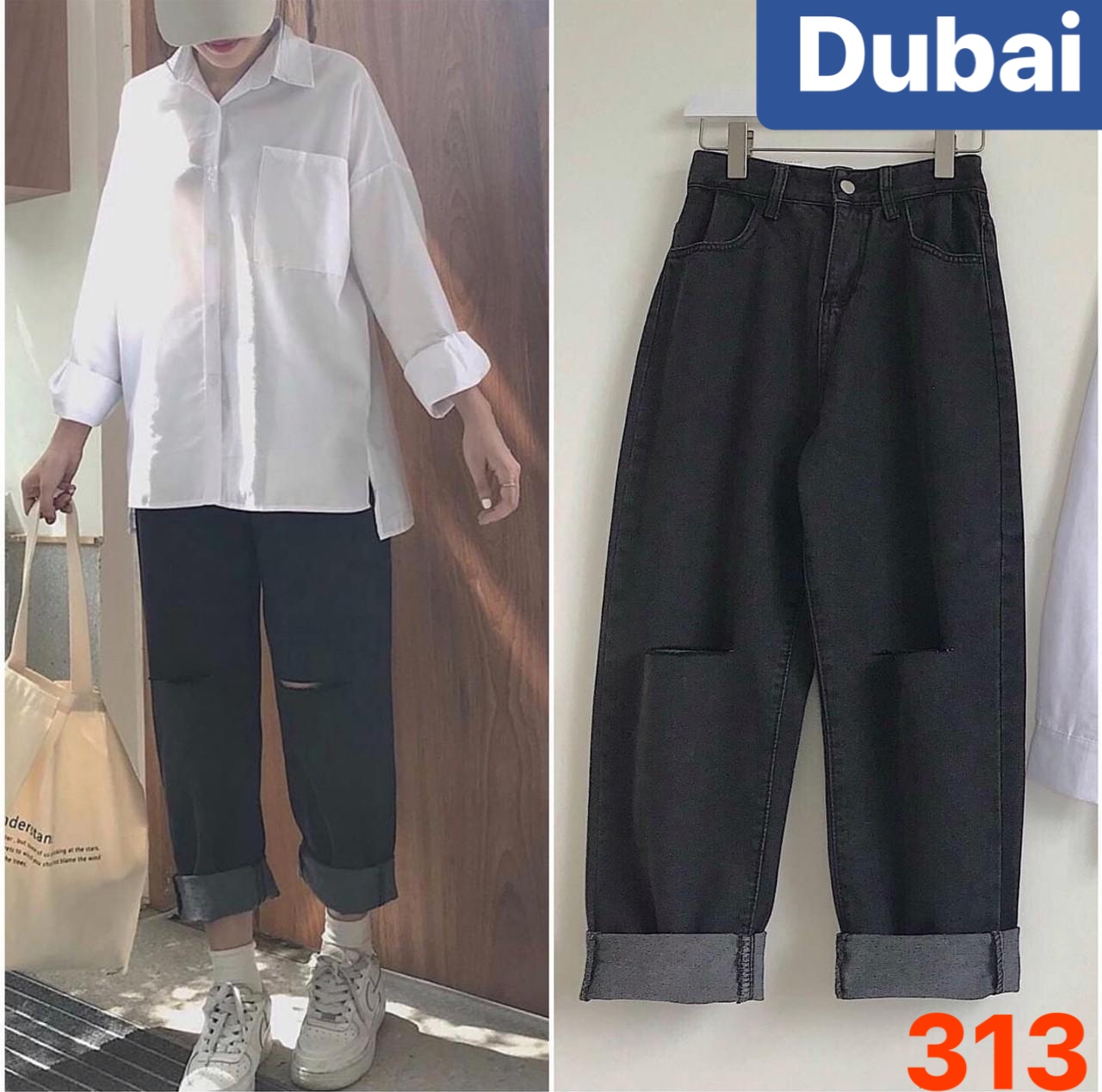 QUẦN BAGGY JEAN NỮ CHẤT BÒ ĐEN RÁCH GỐI DÀI RỘNG LƯNG CAO NÂNG MÔNG HÀN QUỐC DB-313 CAO CẤP - DUBAI FASHION