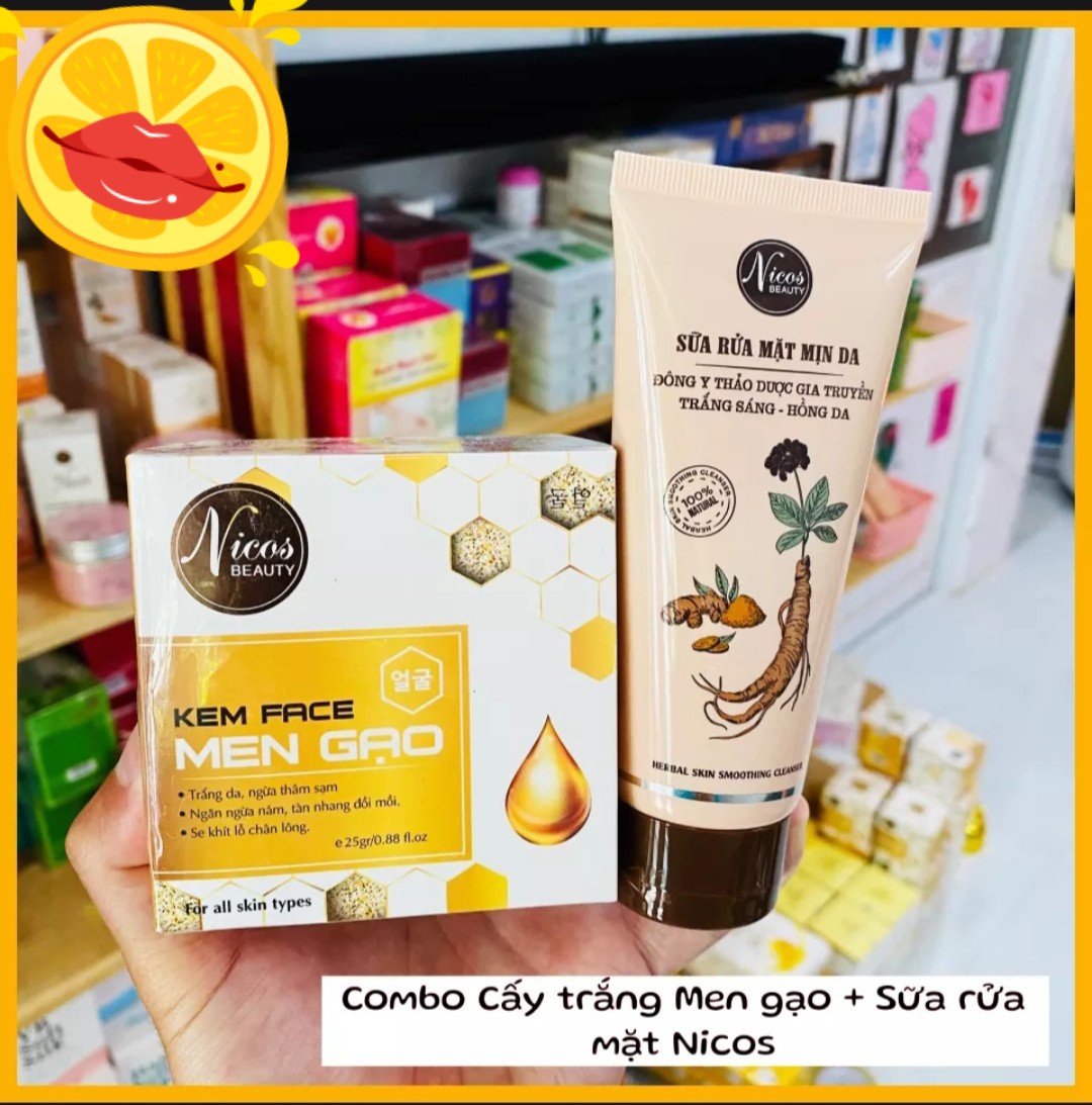 Combo Kem cấy trắng Men gạo Nicos + Sữa rửa mặt Nicos Thanh Nhi chính hãng