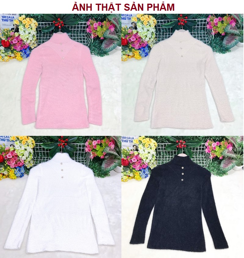 Hàng nhập - Áo len lông thỏ ôm sát cổ 3 phân ngực phối nút basic - DL65141