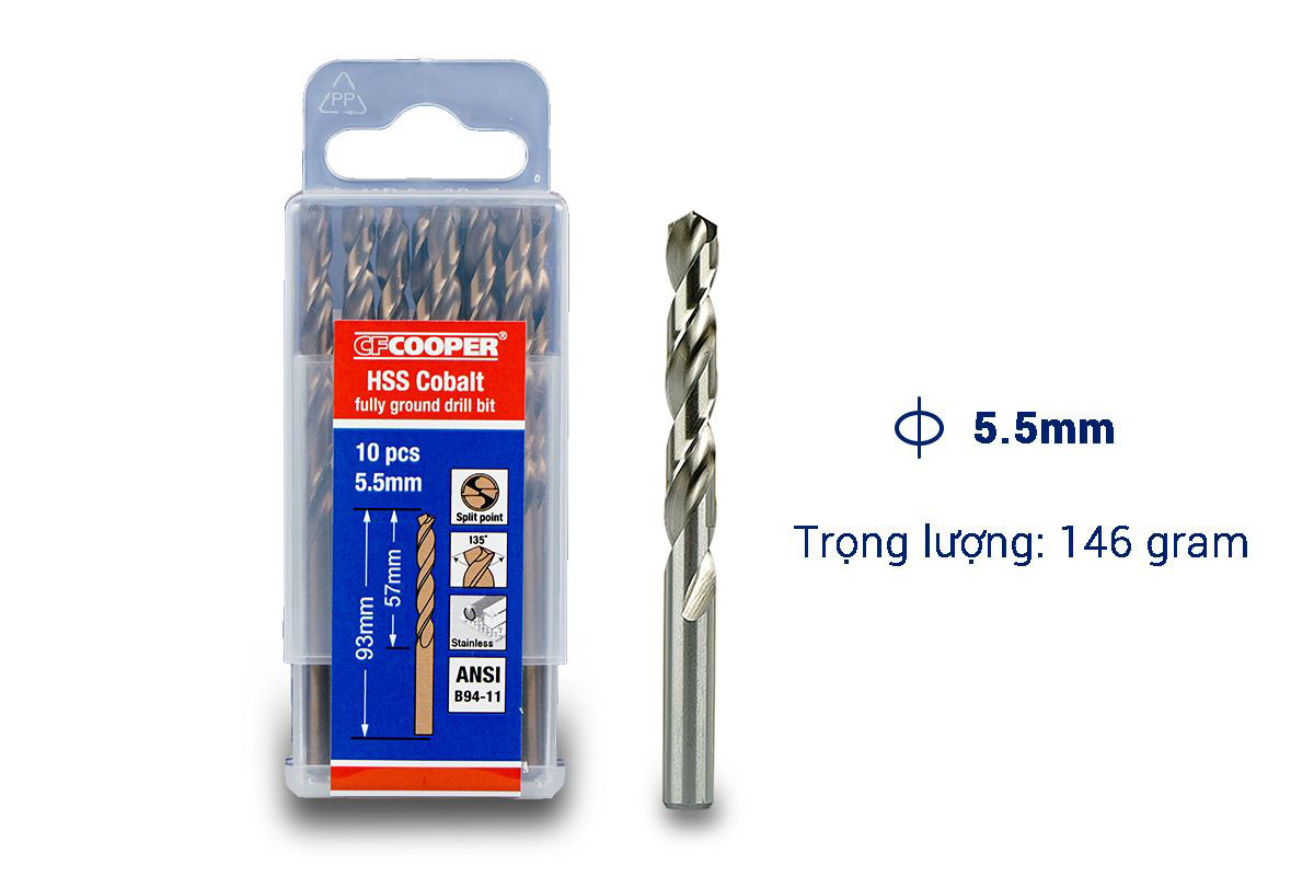 Mũi khoan inox thép cobalt cf cooper 5.5 mm hcm055 -hộp 10mũi
