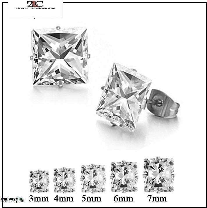 1 cặp bông tai inox khuyên nụ đá trắng vuông đẹp không đen- btvtss04