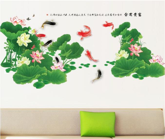 [HCM]Decal trang trí tường - Hồ Sen đậm lớn và đàn cá KOI