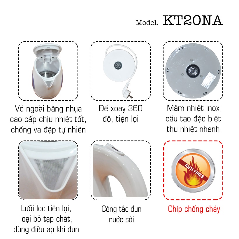 Bình đun siêu tốc OSAKA KT20NA - 2 Lít - Đun siêu nhanh