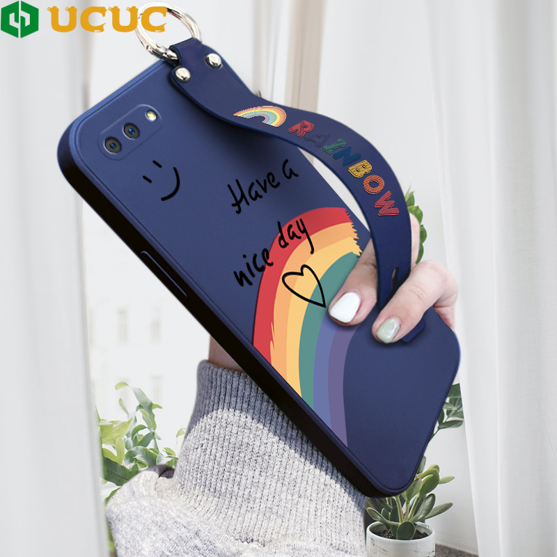UCUC Phone Case For OPPO A3S Realme C1 (With Wristband) Case For Grils Softcase Rainbow Smile Square Edge Liquid Silicone Casing Full Cover Camera Shockproof Protection Cases