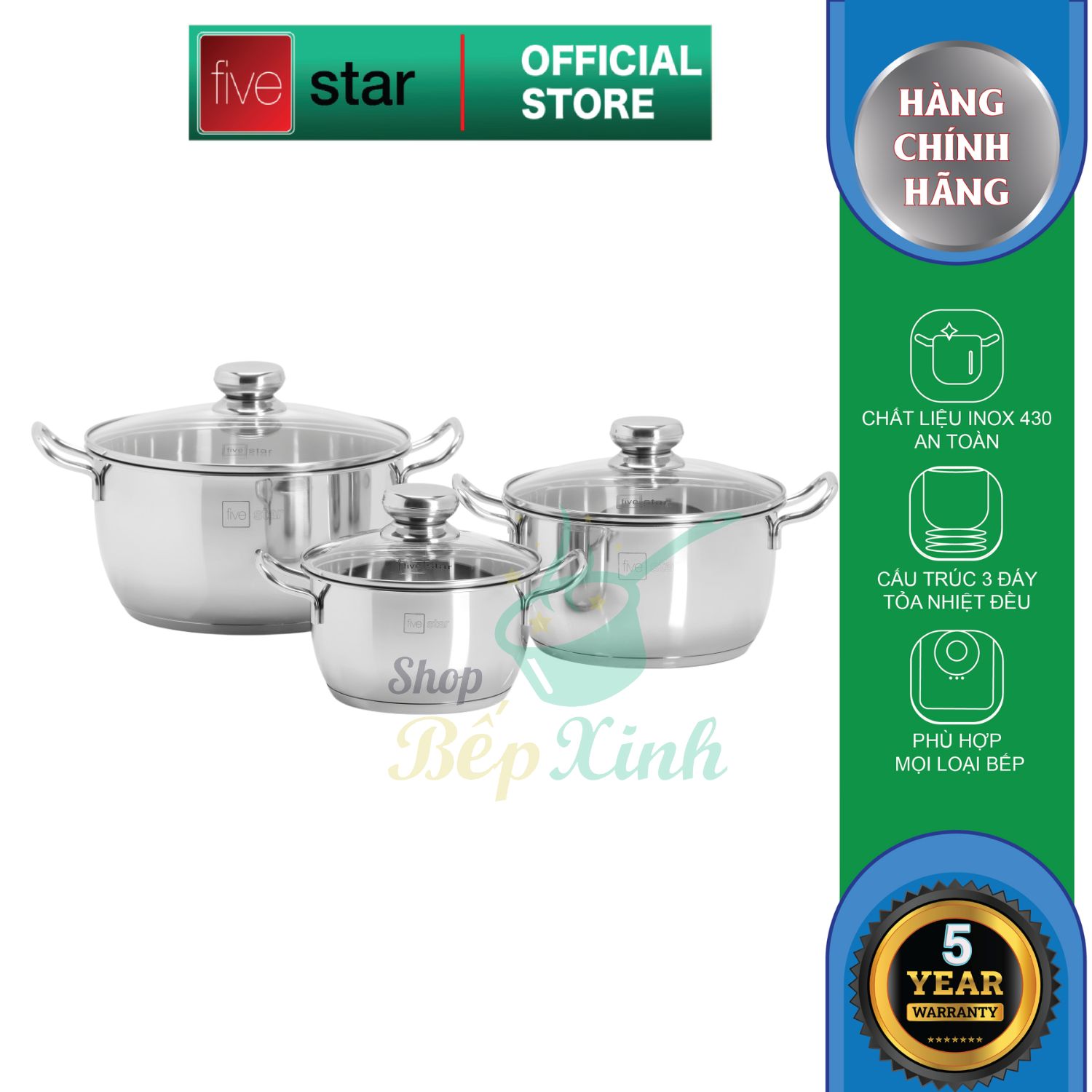 Bộ nồi inox cao cấp Fivestar nắp kính , 3 đáy dùng được bếp từ , hồng ngoại , gas