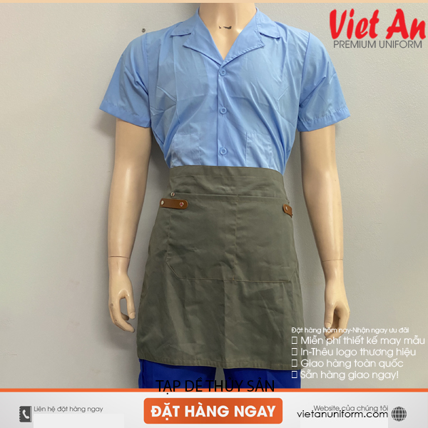 Tạp dề xám đính da nhiều túi ngắn vải kaki