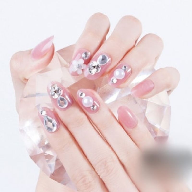 Bộ 24 Móng Tay Giả Hồng Nhạt Đính Ngọc Kèm Keo Sẵn +Dũa giá rẻ