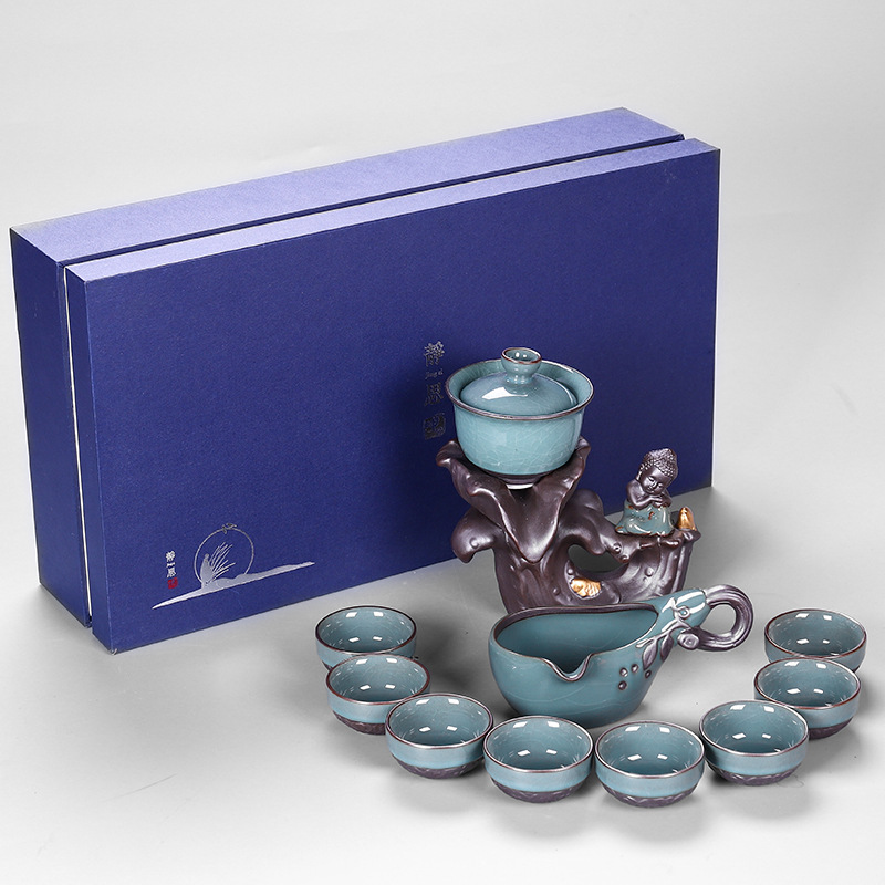 Bộ Ấm Chén Pha Trà Đạo Bằng Sứ Tráng Men Ngọc Lục Bảo Cao Cấp Họa Tiết Hình Chú Tiểu