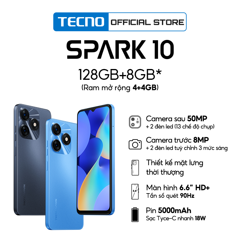 Điện thoại Tecno SPARK 10 4GB/128GB - Camera 50MP | 5000 mAh | Sạc nhanh 18W | Cảm ứng vân tay