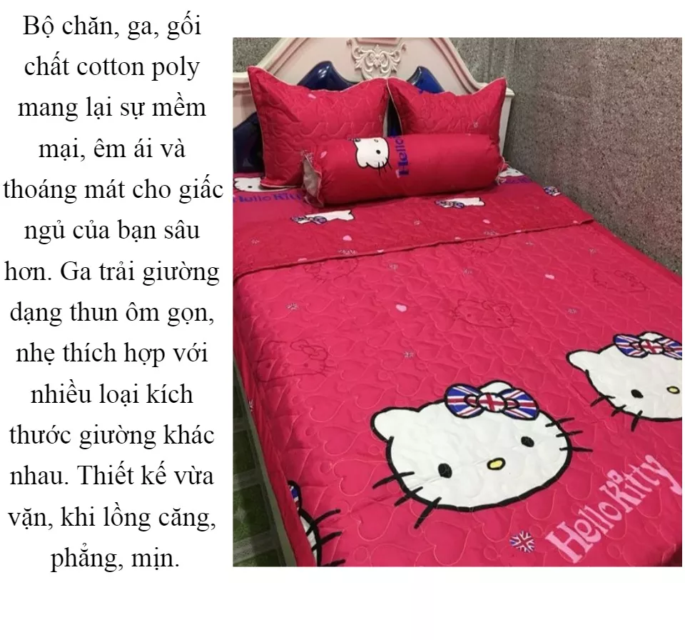 [HÀNG SẴN HCM] Bộ Chăn Ga Cotton Poly Kitty Hồng 5 Món 1M6 x 2M ( 1 Drap + 2 Vỏ Gối Nằm + 1 Chăn Hè + 1 Vỏ Gối Ôm )
