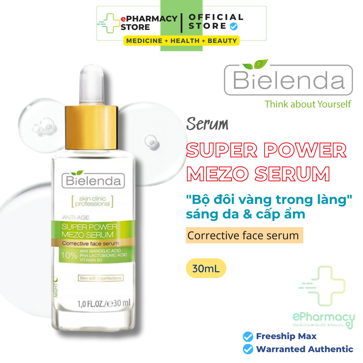 Serum Bielenda Super Power Mezo Skin Clinic Corrective/ Moisturizing - Combo serum cấp nước, dưỡng ẩm/ căng bóng, mờ thâm 30ML + 30ML